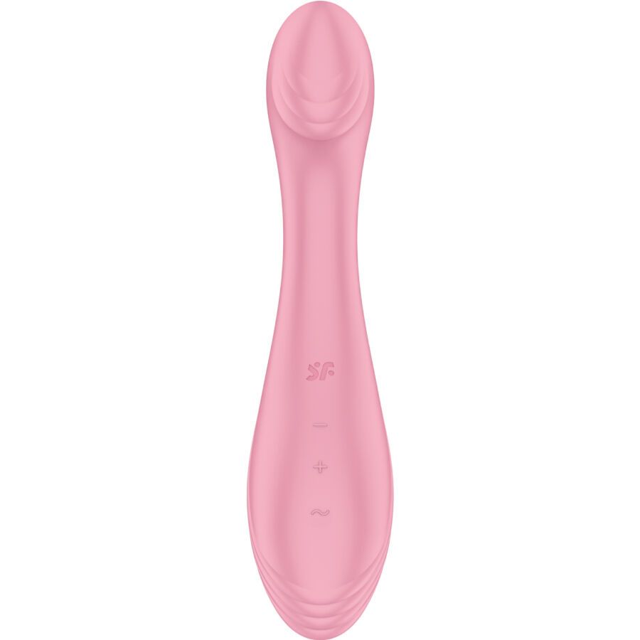 Rosa Vibrator mit länglicher Form. Bedienknöpfe und Logo auf der Oberfläche.