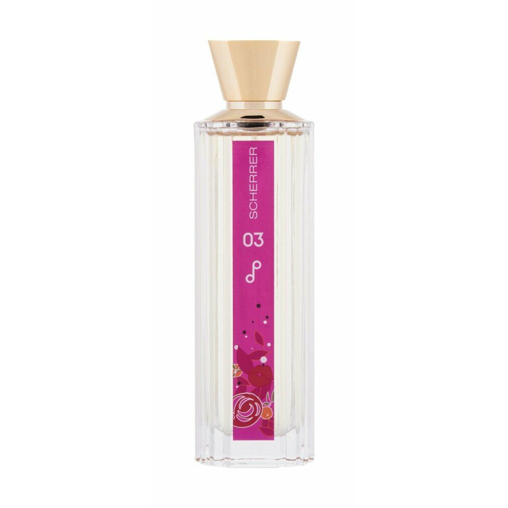 Glasflakon mit goldfarbenem Verschluss. Rosa Etikett mit Schriftzug "SCHERRER 03". Floral-Dekor.