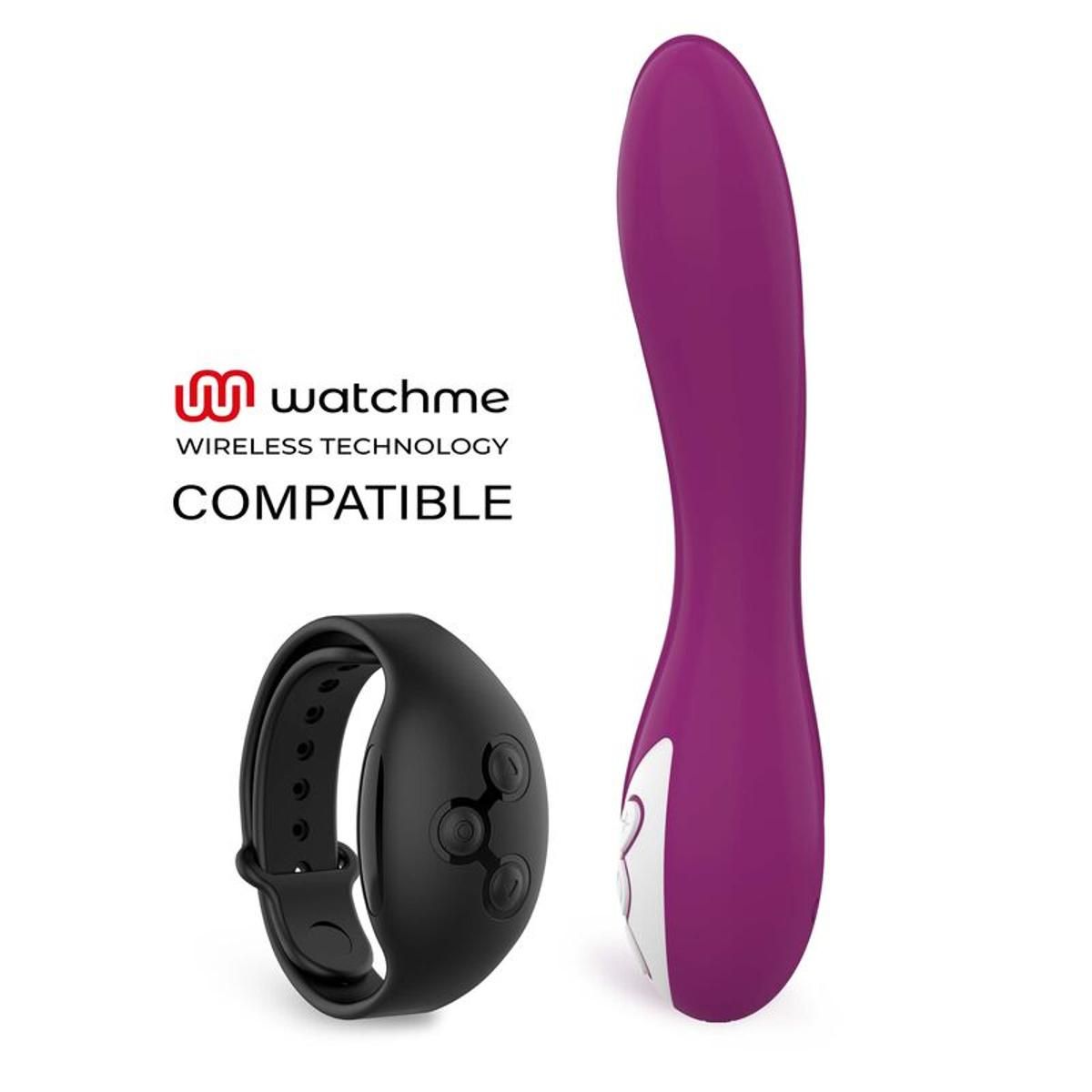 Lila Vibrator und schwarze Fernbedienung. Marke: watchme.