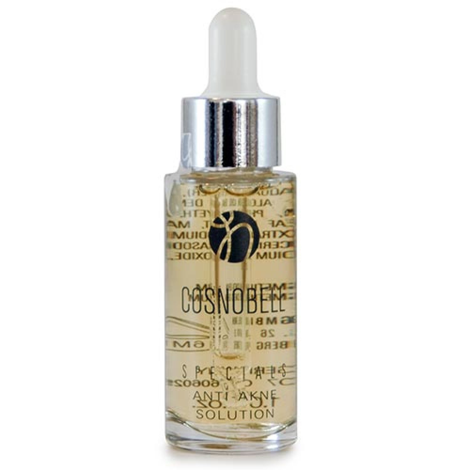 Klarflüssige Flasche mit Pipette. Aufschrift COSNOBELL, darunter Anti-Akne Solution. Silberne Kappe, transparente Flüssigkeit.