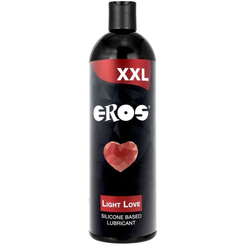 Eine schwarze Flasche. Aufschrift: EROS, XXL, Light Love, Herz-Symbol. Silikonbasiertes Gleitmittel.