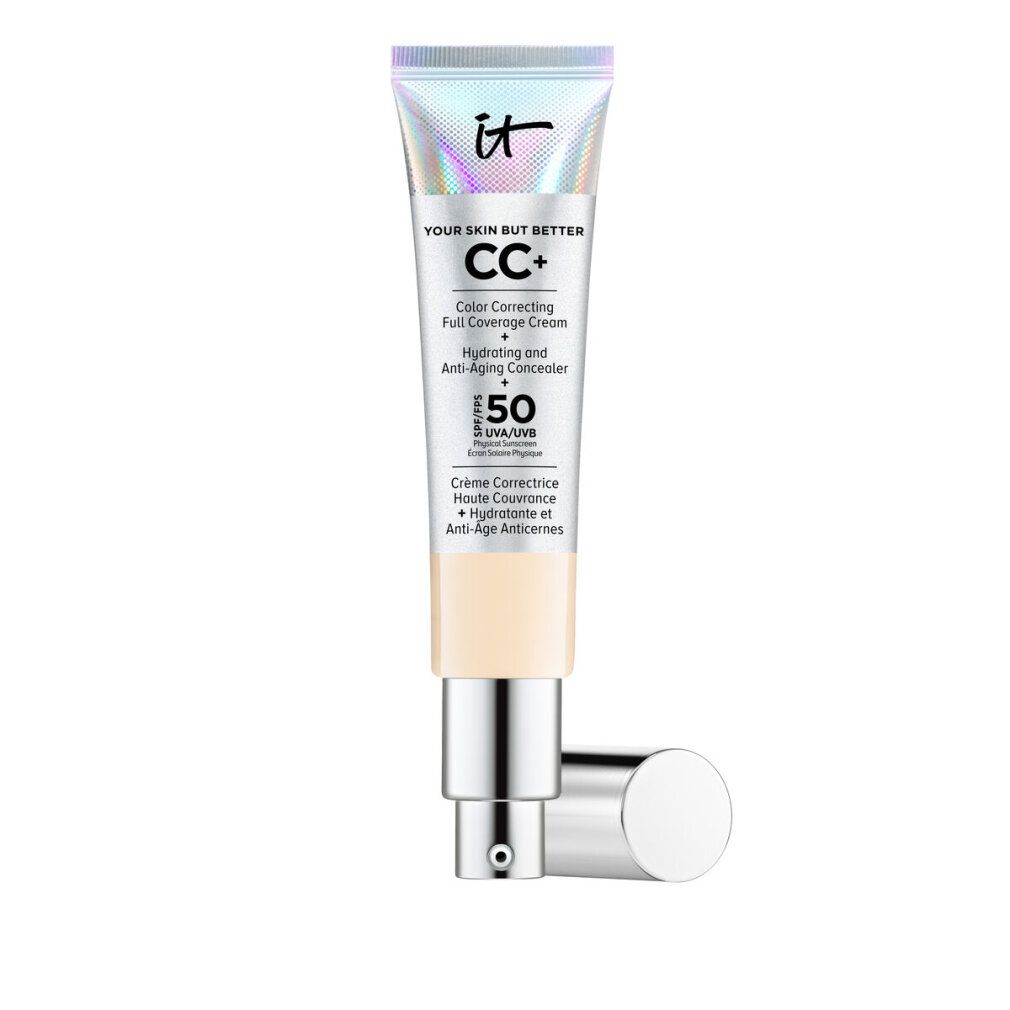 Tube mit CC+ Creme. Text: Your Skin But Better, Color Correcting, Full Coverage Cream, SPF 50. Farbton: Fair.
