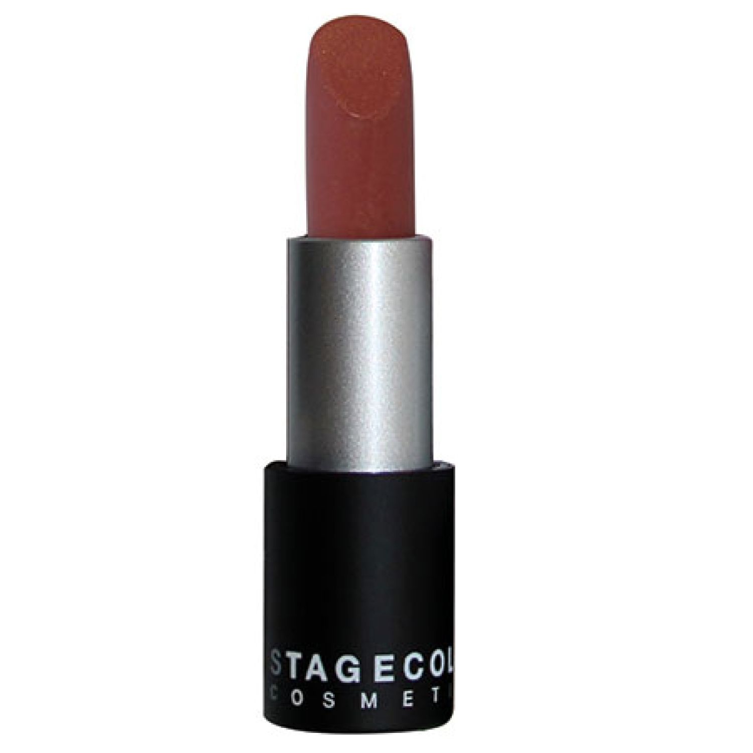Lippenstift, Farbe Pearly Rosewood. Zylindrischer Lippenstift in silber-schwarzer Hülse. Sichtbar: Produktname, Marke.