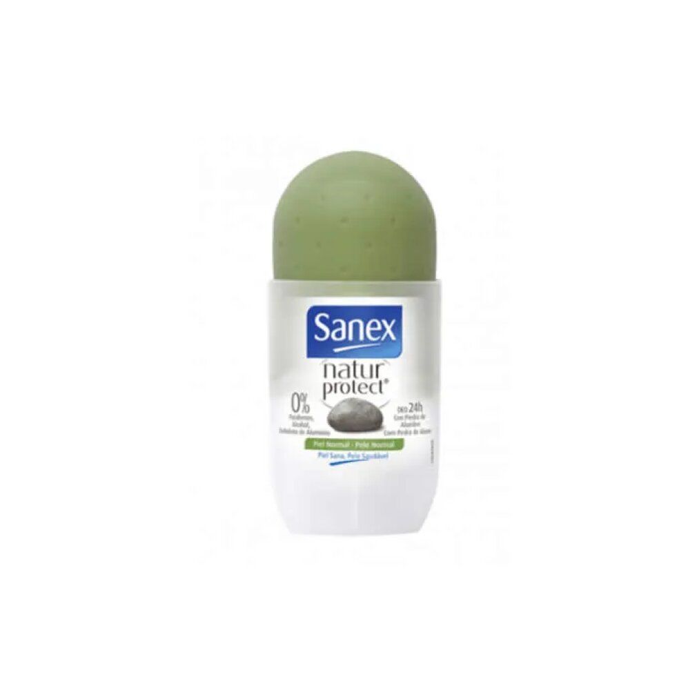 Roll-on-Deodorant Sanex Natur Protect. Weißes Gehäuse, grüner Deckel. Aufschrift: Sanex natur protect, 0% Aluminium.