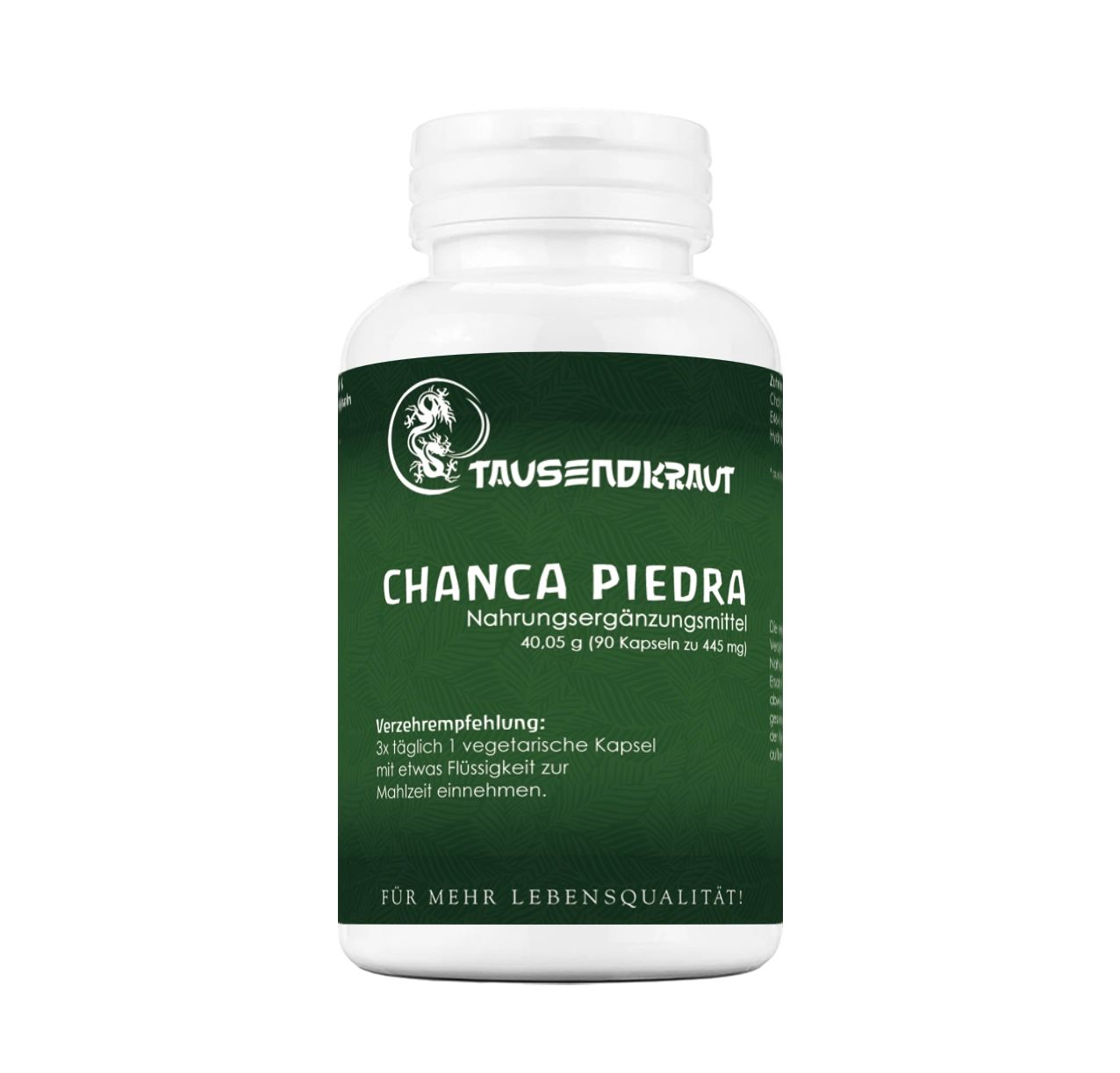 Weiße Flasche mit grünem Etikett. Aufschrift: Tausendkraut Chanca Piedra. Nahrungsergänzungsmittel. Mit Dosierungsempfehlung.
