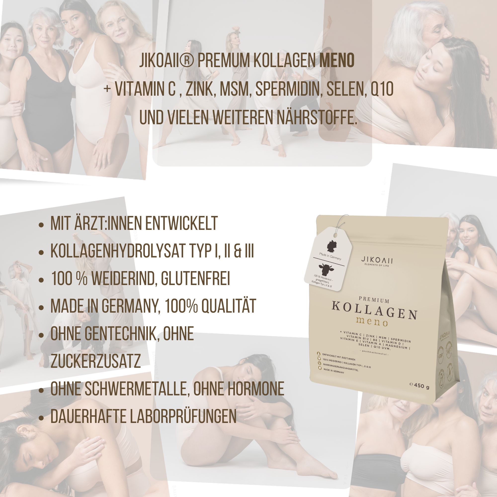 Beige Produktverpackung mit Aufschrift JIKOAII PREMIUM KOLLAGEN MENO. Enthält Kollagen, Zink, MSM, Spermidin, Selen, Q10 und weitere Nährstoffe.