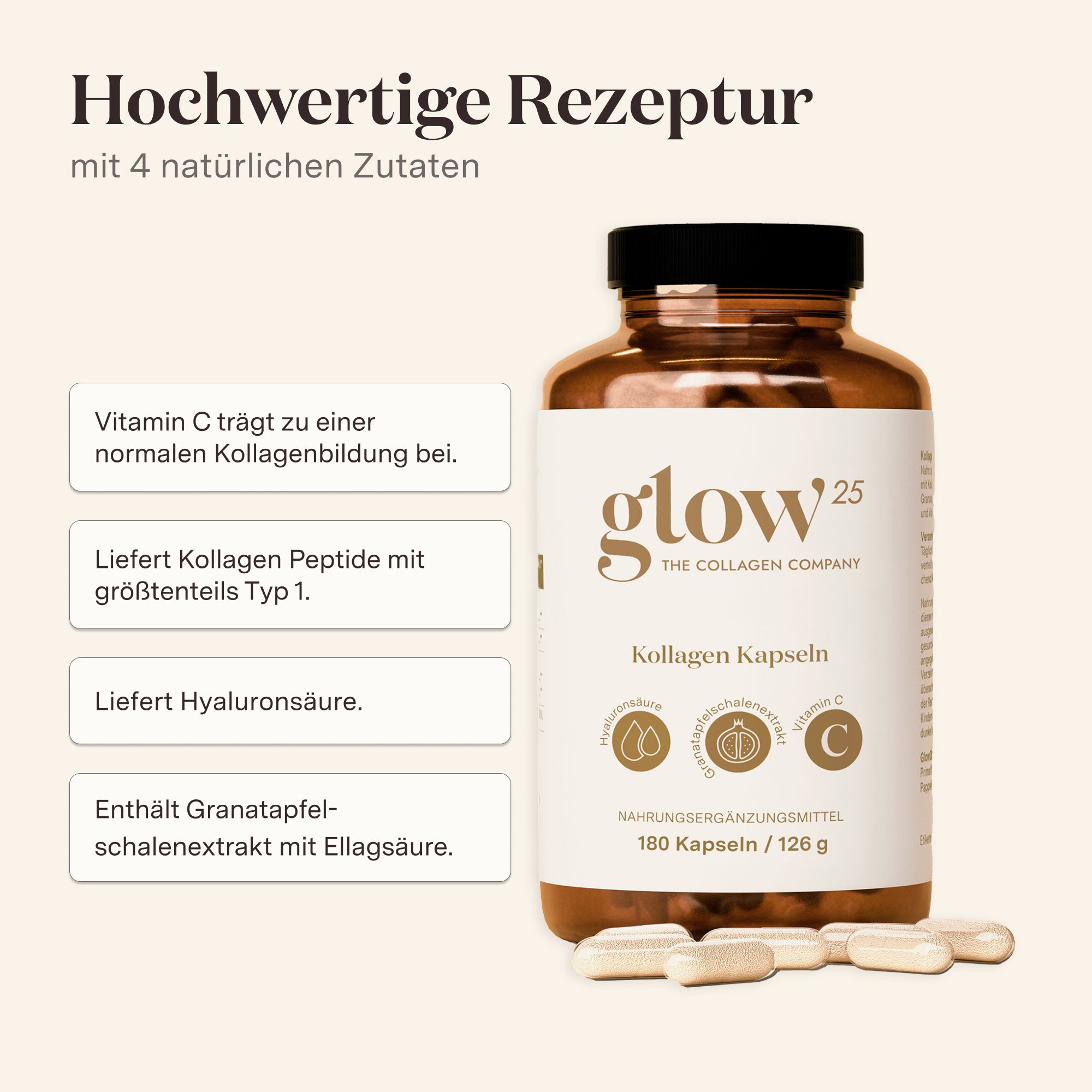 Glow25® Kollagen Kapseln hochdosiert [180 Kapseln] mit Hyaluronsäure und Vitamin C 180 St Pillen