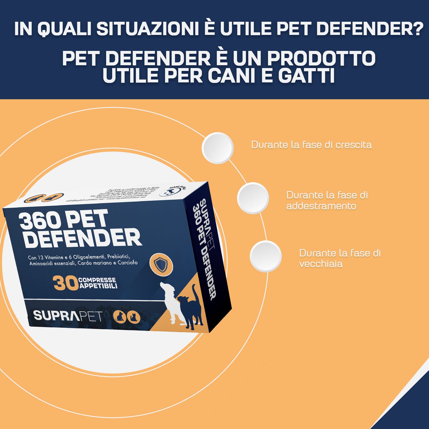 Confezione "360 PET DEFENDER" con testo. Testo: "In quali situazioni è utile Pet Defender?" e altro.