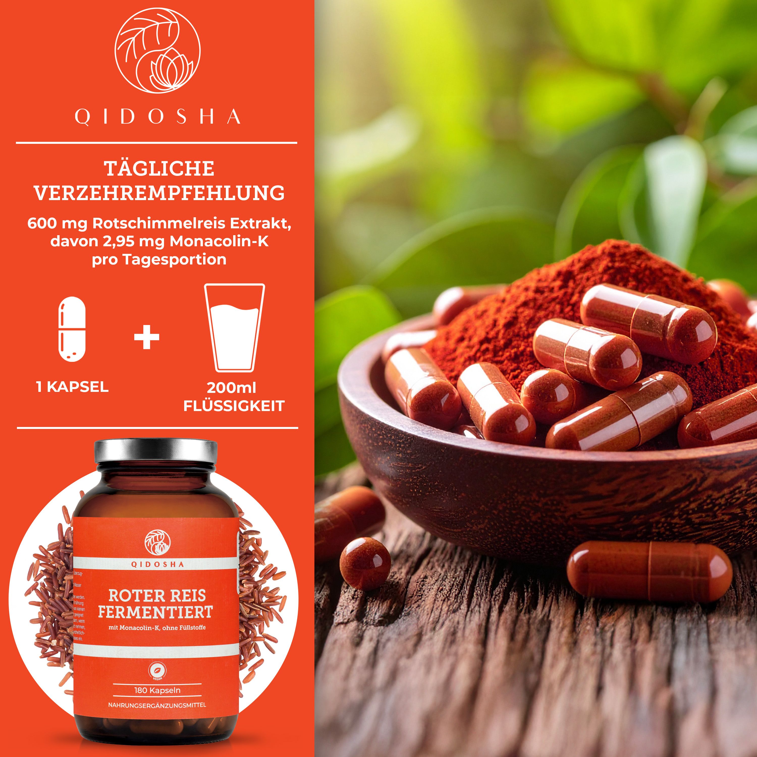 Braune Kapseln und rotes Pulver in einer Holzschale. Daneben eine Flasche Roter Reis und eine Grafik mit Kapsel und Flüssigkeit.