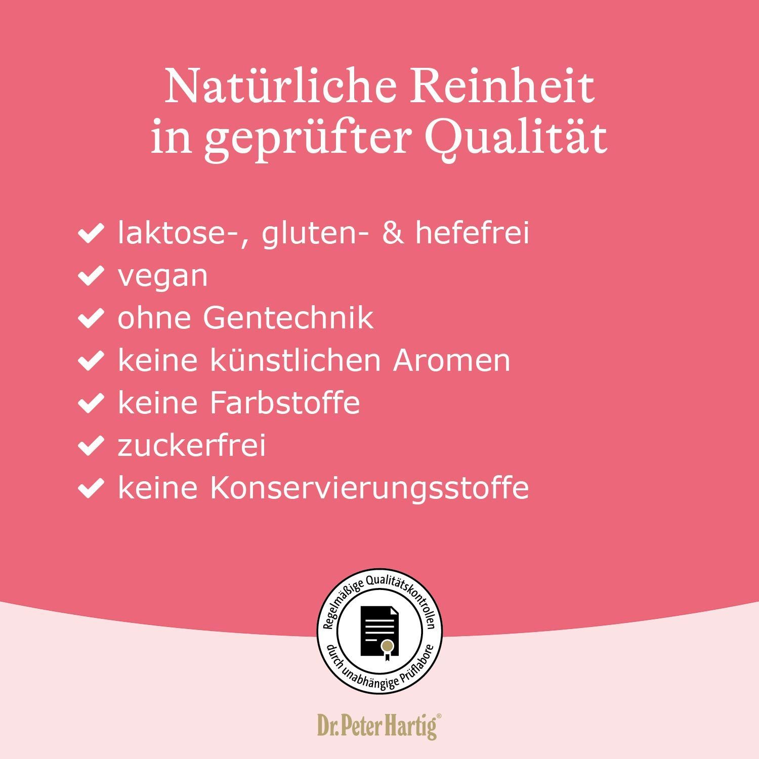 Rosa Infografik mit Text. Text: Natürliche Reinheit in geprüfter Qualität. Auflistung von Eigenschaften: laktosefrei, vegan, ohne Gentechnik.
