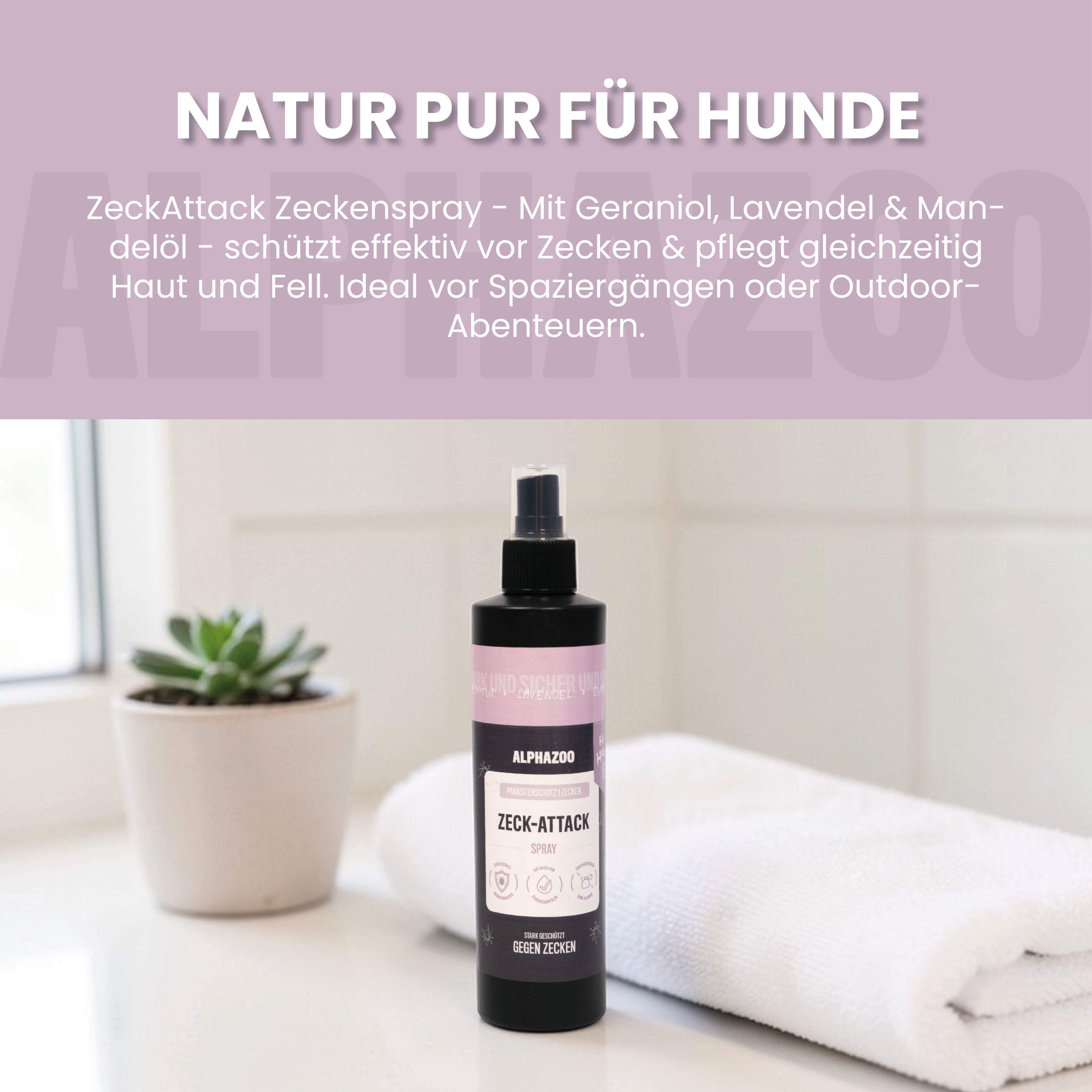 Sprühflasche neben Topf und Handtuch. Aufschrift: ALPHAZOO Zeck-Attack Spray.