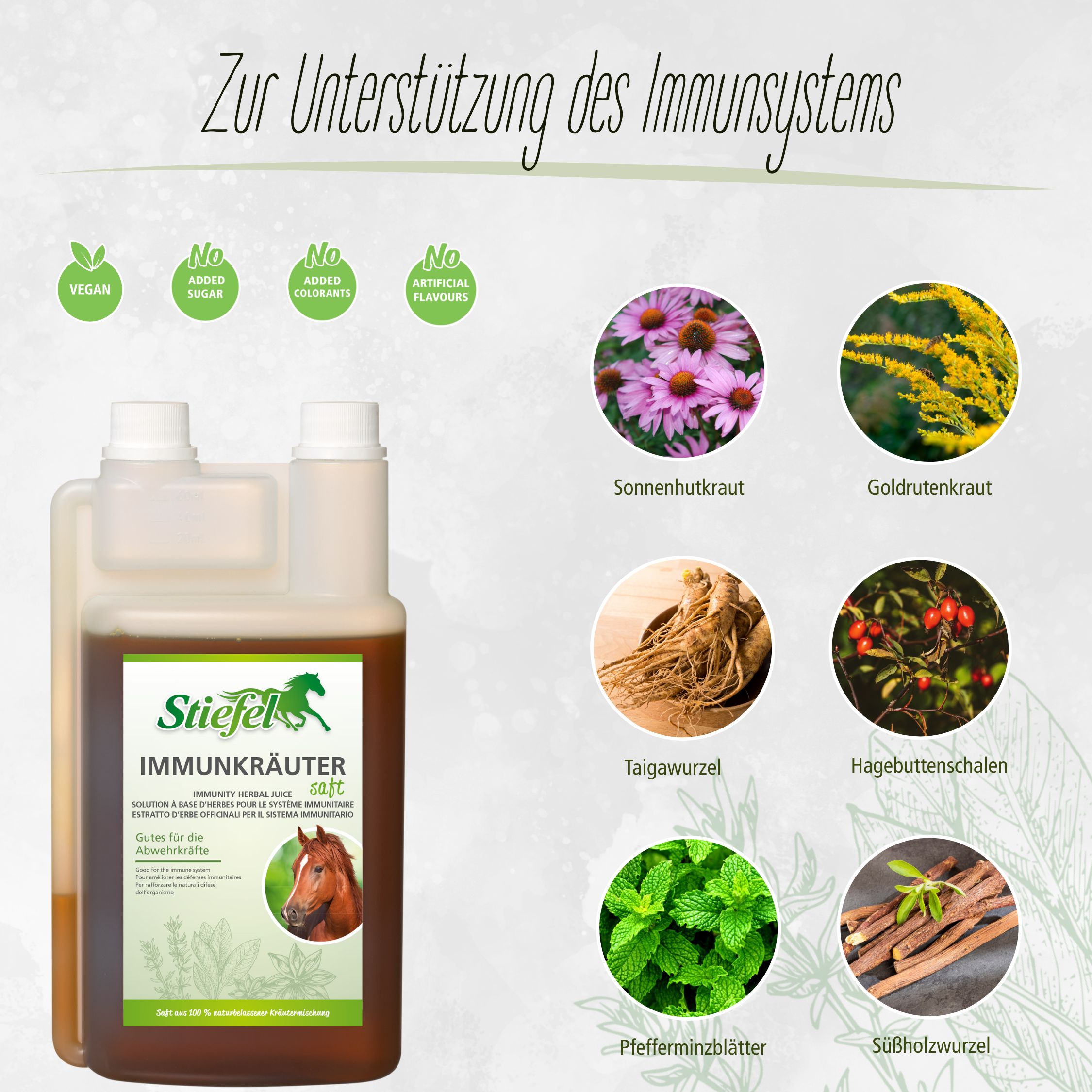 Braune Flüssigkeit in einer rechteckigen Flasche mit weißem Deckel. Etikett mit Produktnamen, Logo und Kräutern. Vegan, ohne Zucker, Zusatzstoffe, Aromen.