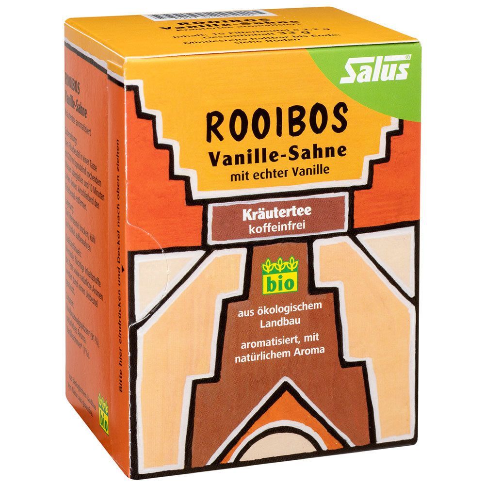 Karton mit Salus® Rooibos Vanille-Sahne Kräutertee. Bio-Siegel. Aufschrift: koffeinfrei, mit echter Vanille, aromatisiert mit natürlichem Aroma.