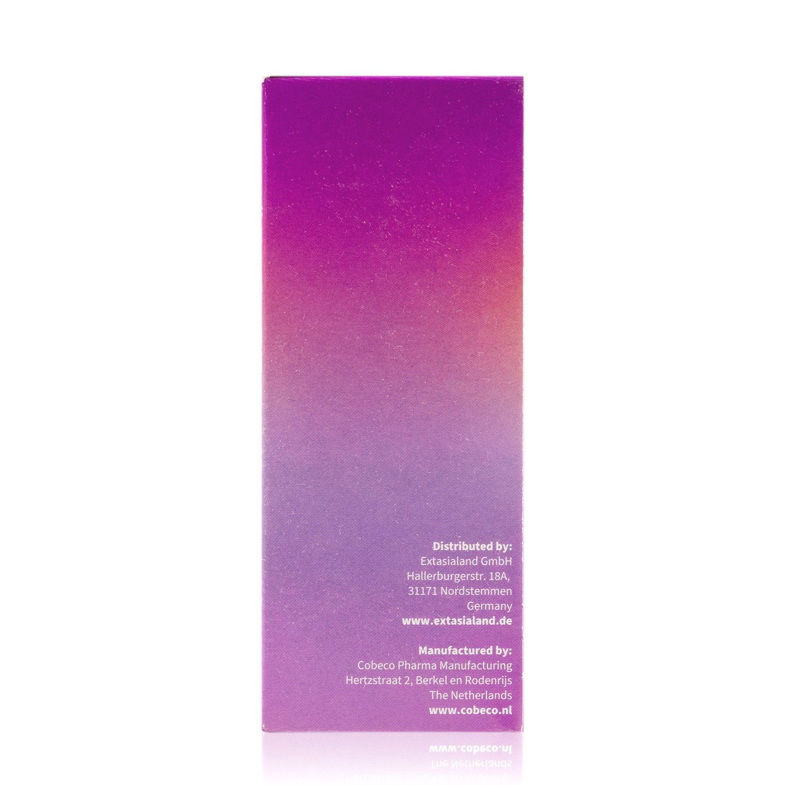 Rückseite der Verpackung von Pherofly Strong for Women. Text: Vertrieb, Hersteller, Kontaktinformationen. Hergestellt in den Niederlanden.