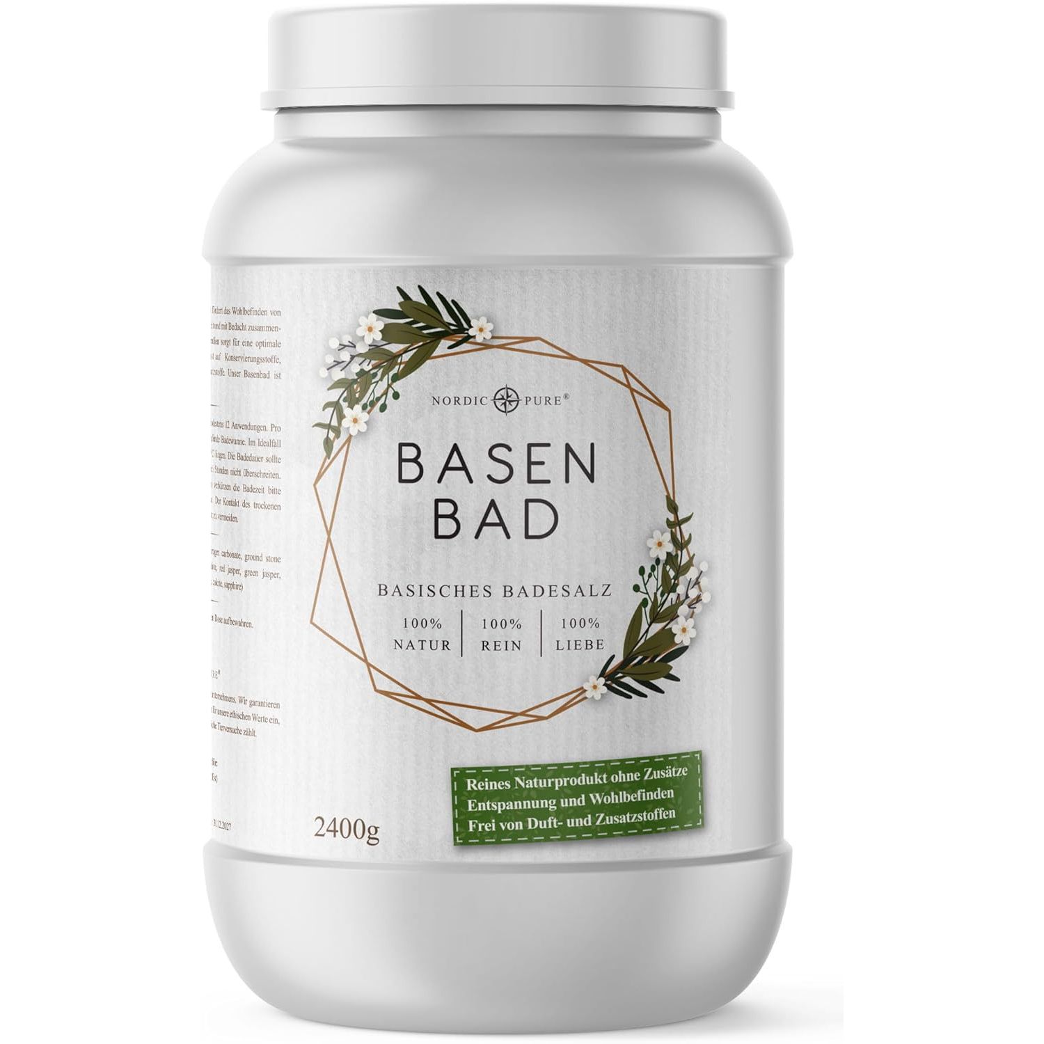 Weißer Behälter mit Etikett. Aufschrift: BASEN BAD, basisches Badesalz. 2400g. 100% Natur, rein, Liebe.