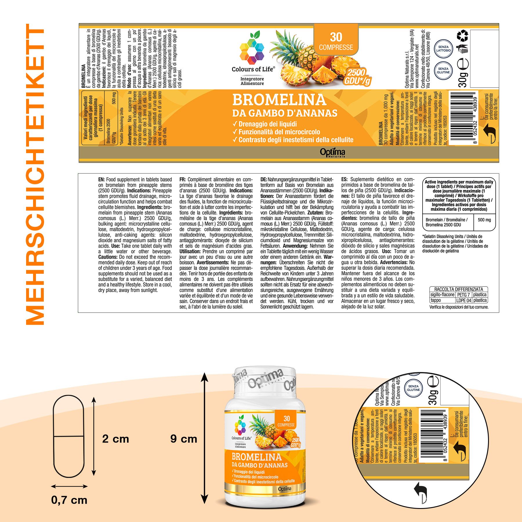 Verpackung und Flasche mit Bromelain-Kapseln, mit Größenangaben.