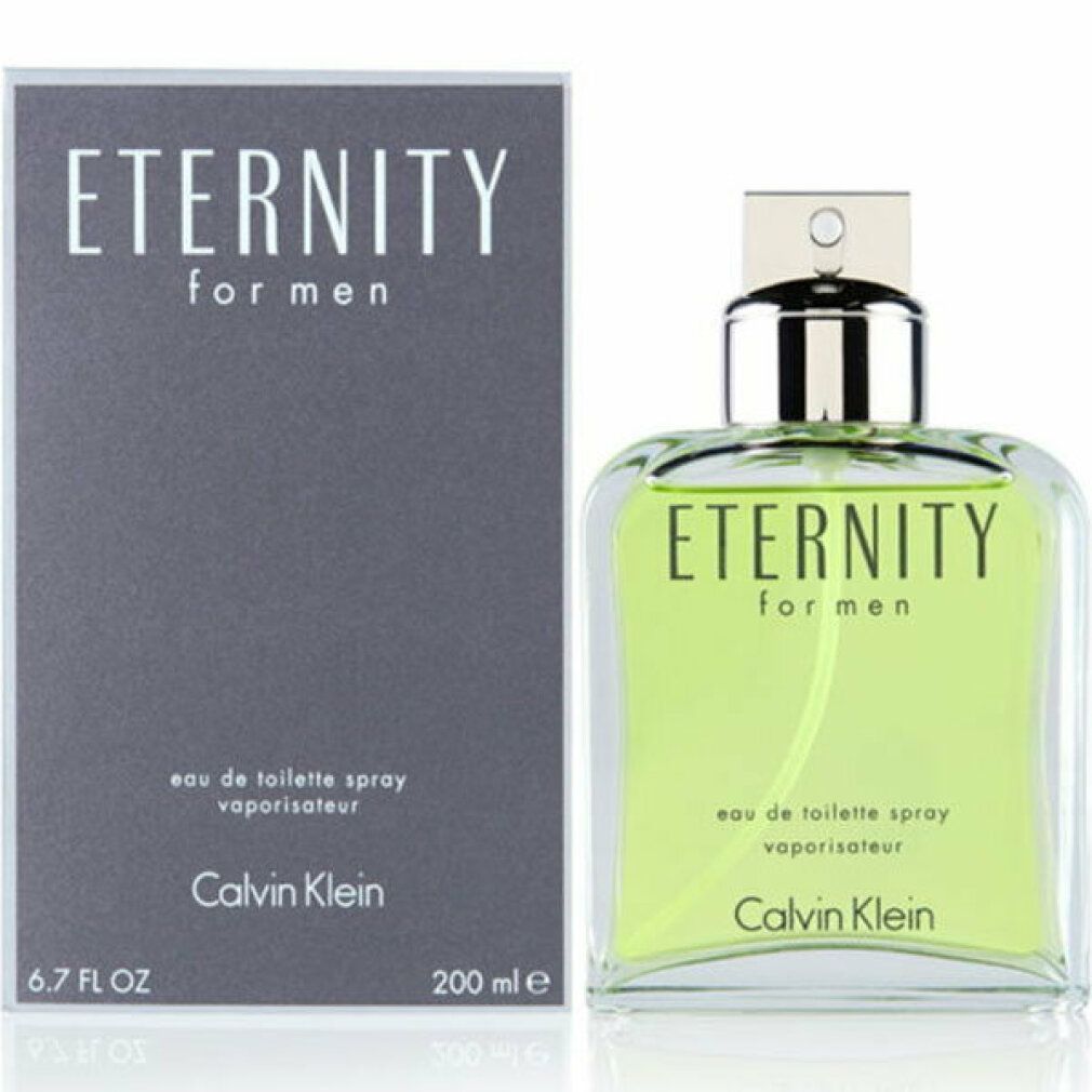 Flakon und Verpackung. Flakon: eckig, Glas, silberner Zerstäuber. Verpackung: grau. Aufschrift: Eternity for Men, Calvin Klein.