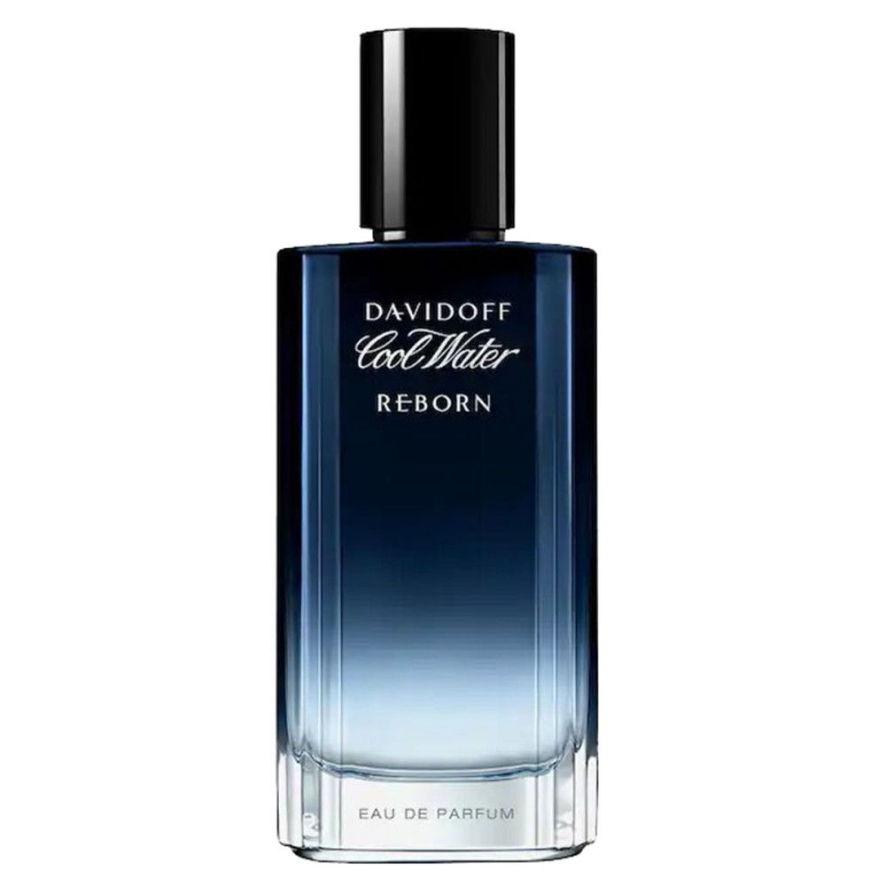 Davidoff Cool Water Reborn Eau de Parfum Flakon. Blau-schattiertes Glas, schwarzer Verschluss. Produktname und Logo.