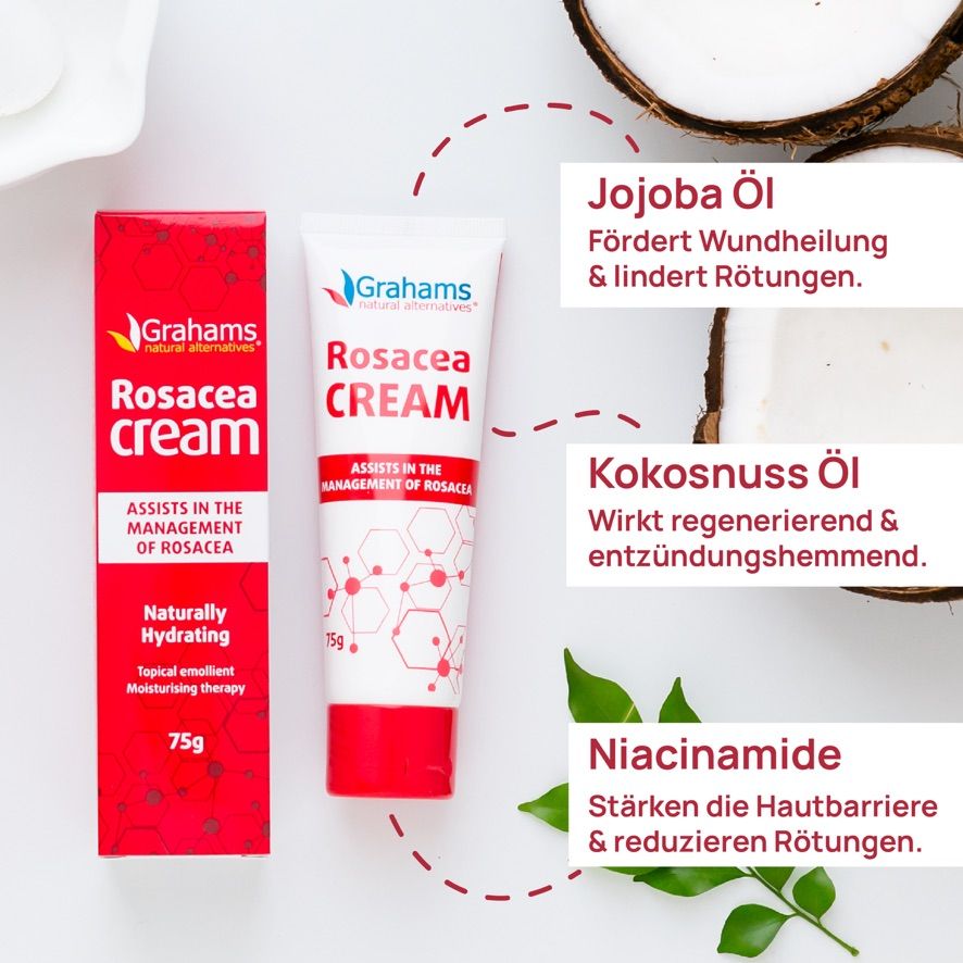 Tube Rosazea Creme und Schachtel. Logo von Grahams. Text: Jojobaöl, Kokosnussöl, Niacinamid.