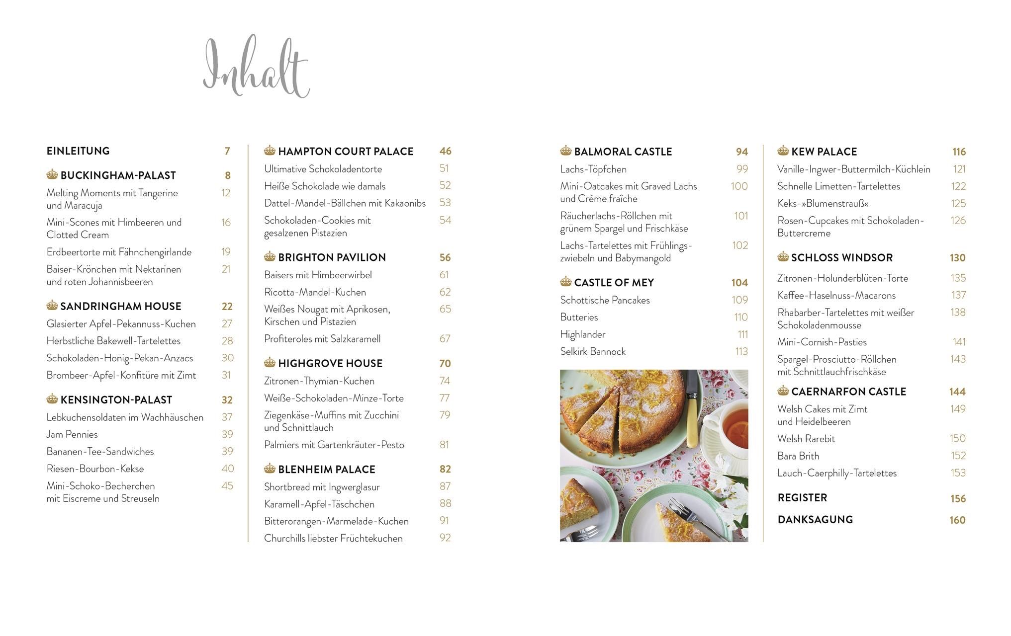 Inhaltsverzeichnis des Buches "Royal Teatime". Auflistung von Rezepten und Orten.