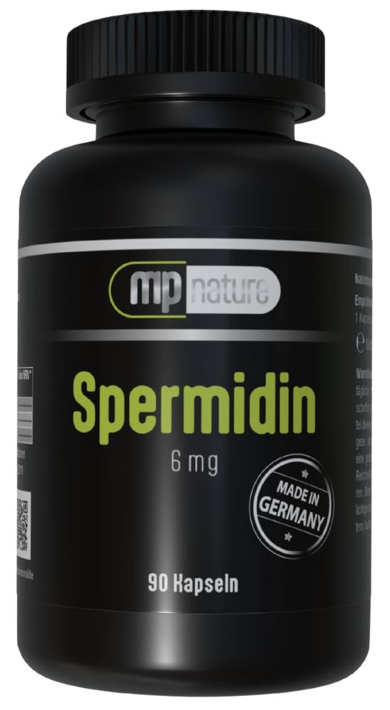 Schwarze Flasche mit Kapseln. Aufschrift: Spermidin 6 mg, MP Nature, 90 Kapseln. Siegel: Made in Germany.