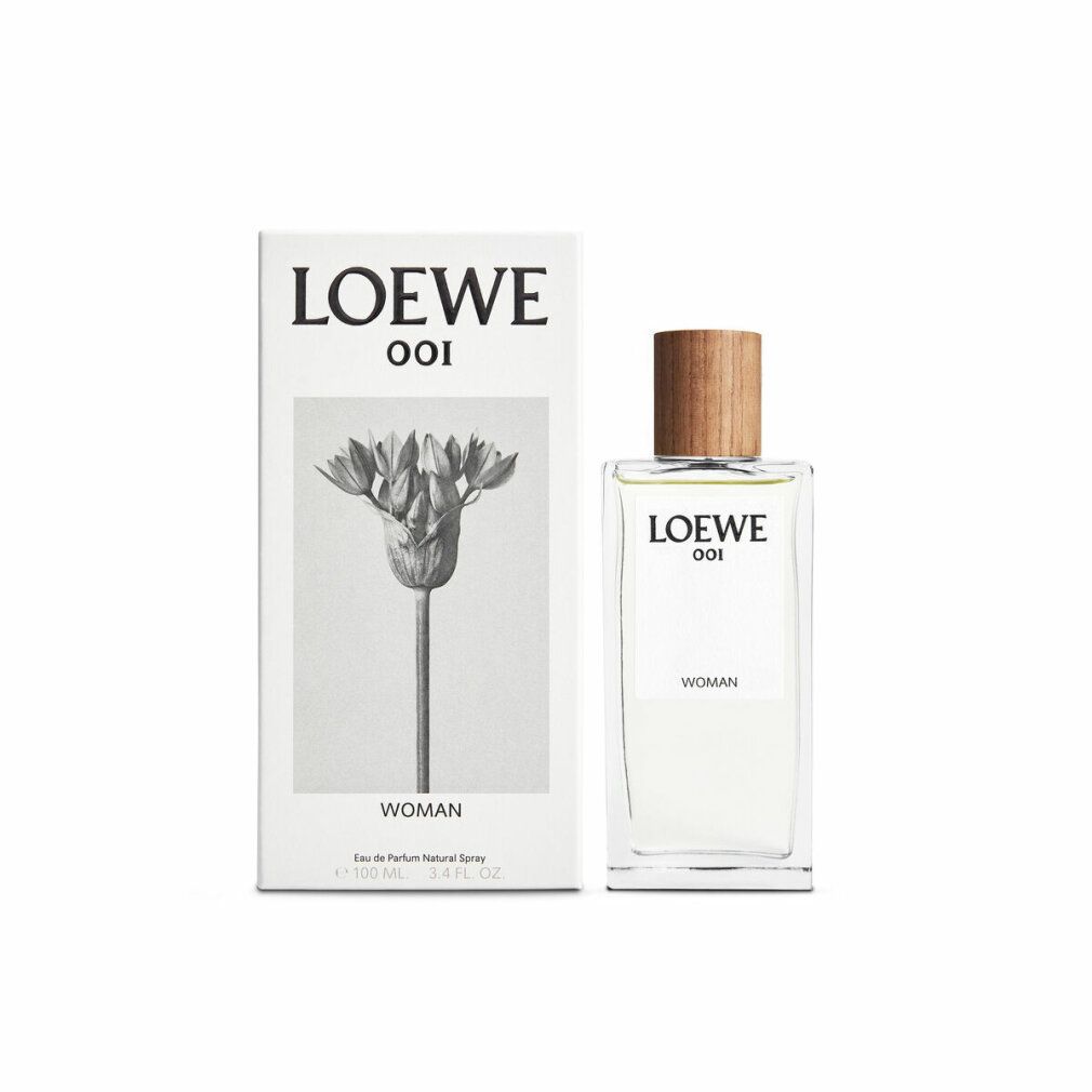 Loewe 001 Woman Edp Spray und Verpackung. Flakon neben Schachtel mit floralem Motiv. Logo und Schriftzug.