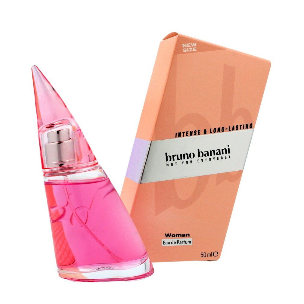 Parfümflakon und Verpackung. Rosa Flüssigkeit, spitzer Deckel. Verpackung mit Schriftzug 'bruno banani'.