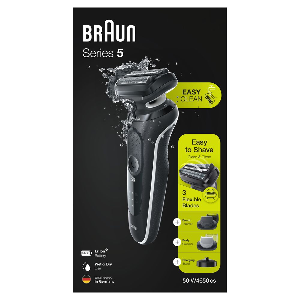 Schwarzer Elektrorasierer Braun Series 5 mit Wasser. Verpackung mit Produktabbildung und Text. 3 flexible Klingen, Nass- oder Trockenrasur.