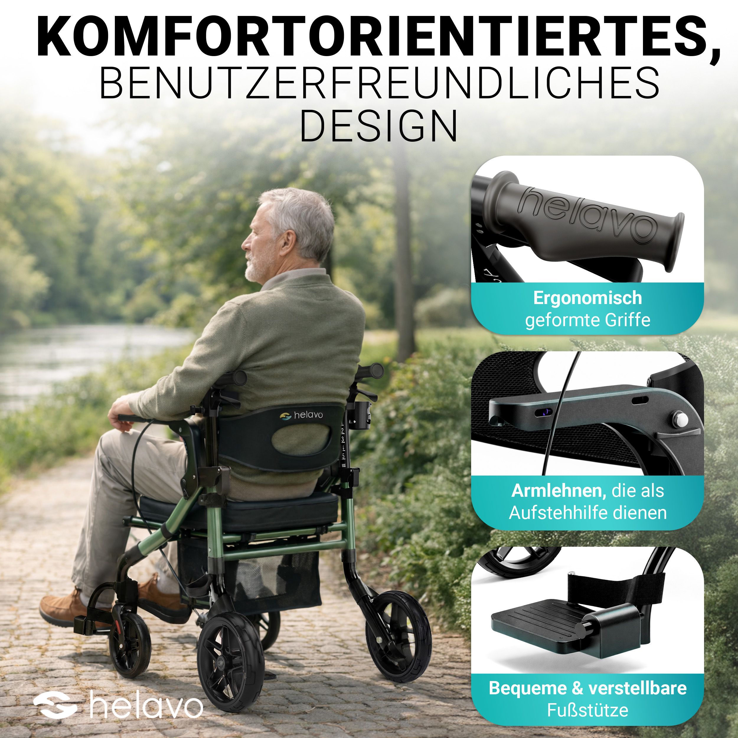 Helavo 2 in 1 Rollator und Rollstuhl faltbar Hybrid Gehhilfe mit All Terrain Reifen