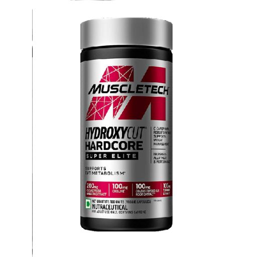 Silberne Dose mit roter und schwarzer Beschriftung. Enthält Muscletech Hydroxycut Hardcore SUPER Elite. Enthält Kapseln.
