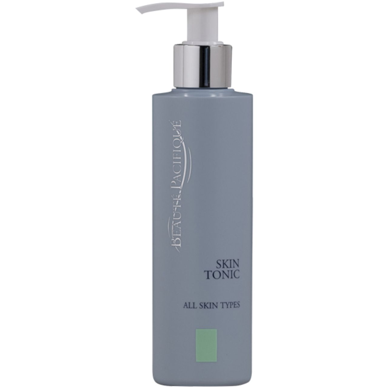 Graue Flasche mit Pumpe. Aufschrift: Beauté Pacifique, Skin Tonic, All Skin Types. Grünes Rechteck.