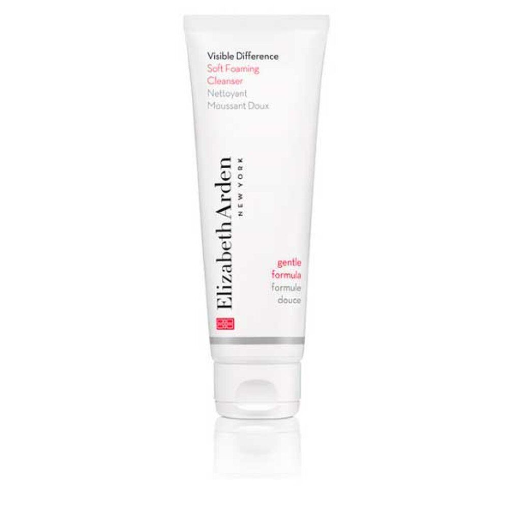 Weiße Tube mit roter und schwarzer Schrift. Elizabeth Arden New York, Visible Difference Soft Foaming Cleanser.