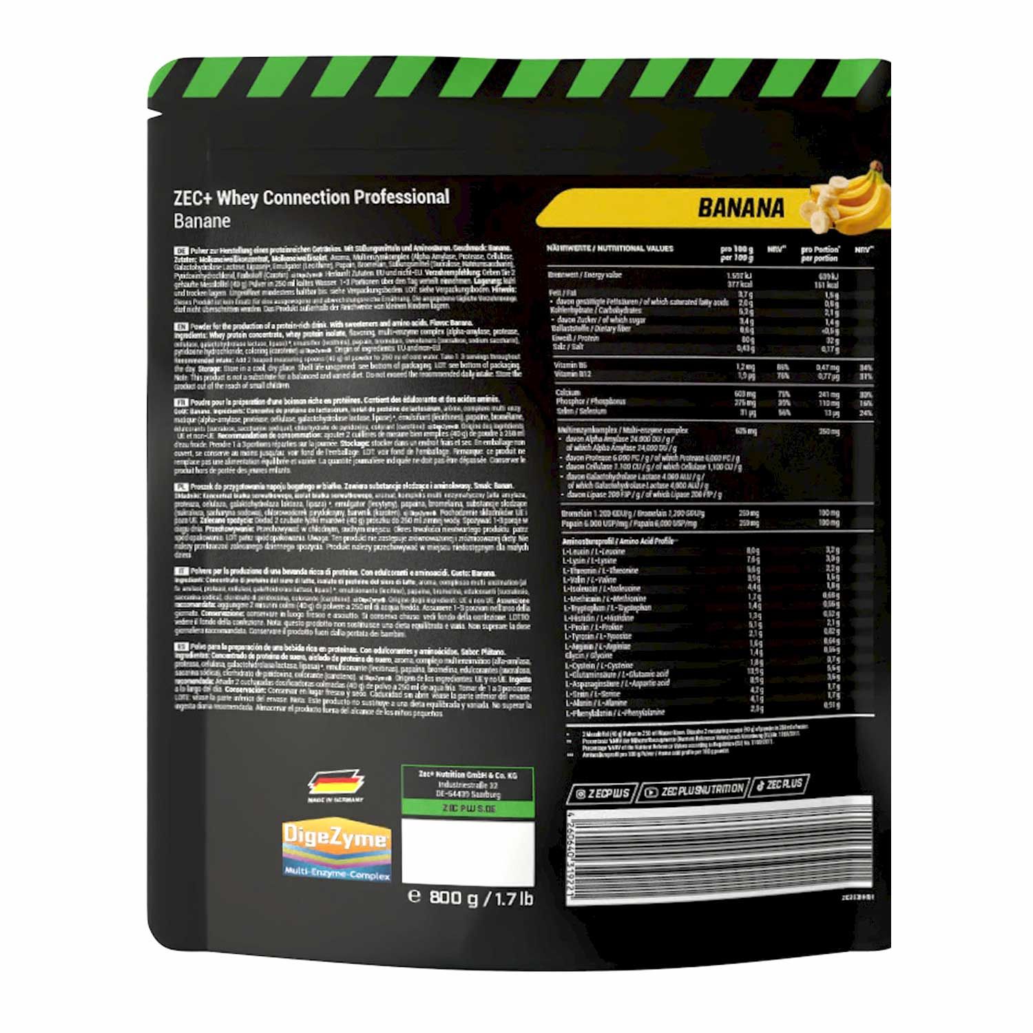 Rückseite der ZEC+ Whey Connection Professional Banane Verpackung. Enthält Nährwertangaben und Zutatenlisten. Bananen-Illustration.