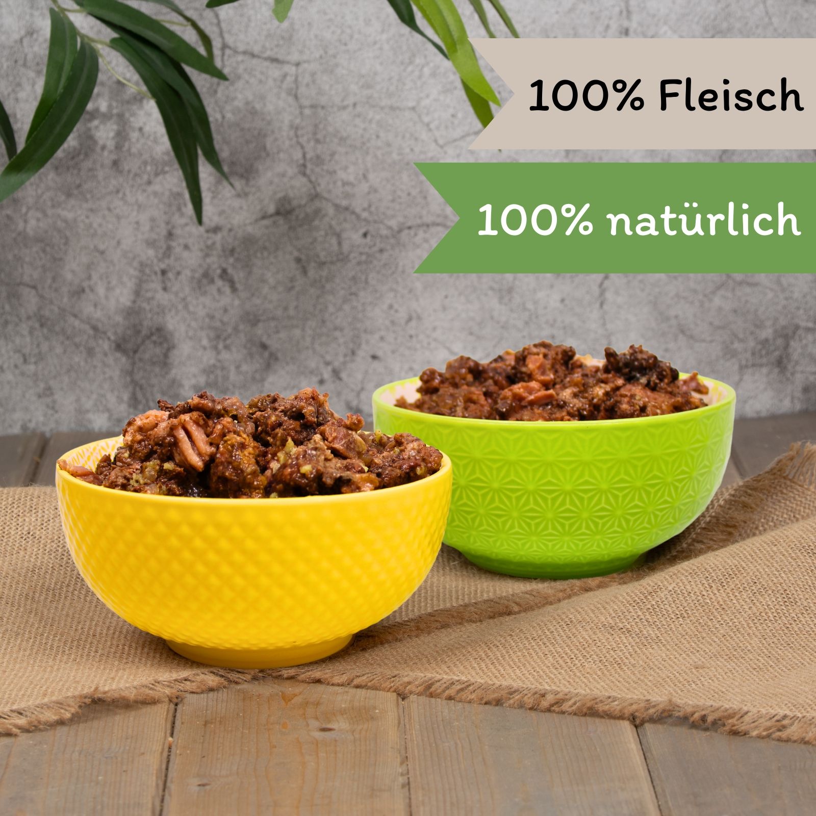 Zwei Schüsseln mit Hundefutter. Gelbe und grüne Schüssel mit braunem Futter. "100% Fleisch" und "100% natürlich" Banner.