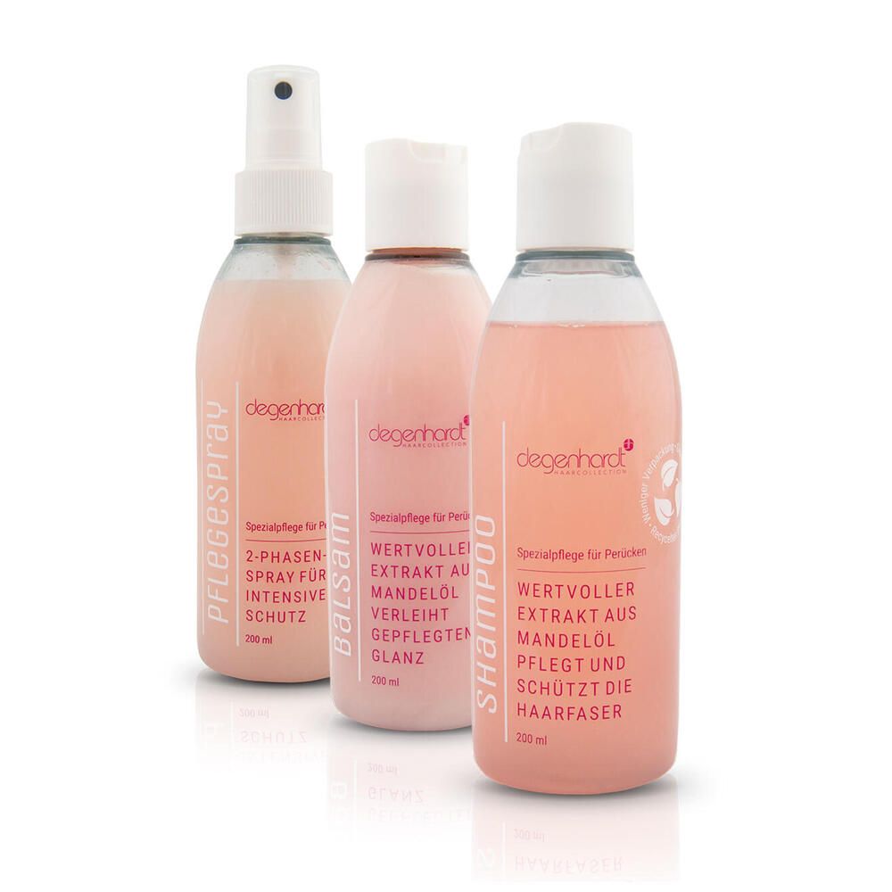 Drei Flaschen degenhardt Pflege-Set. Eine Sprühflasche, eine Balsam- und eine Shampoo-Flasche. Alle mit rosa Flüssigkeit und weißen Deckeln.