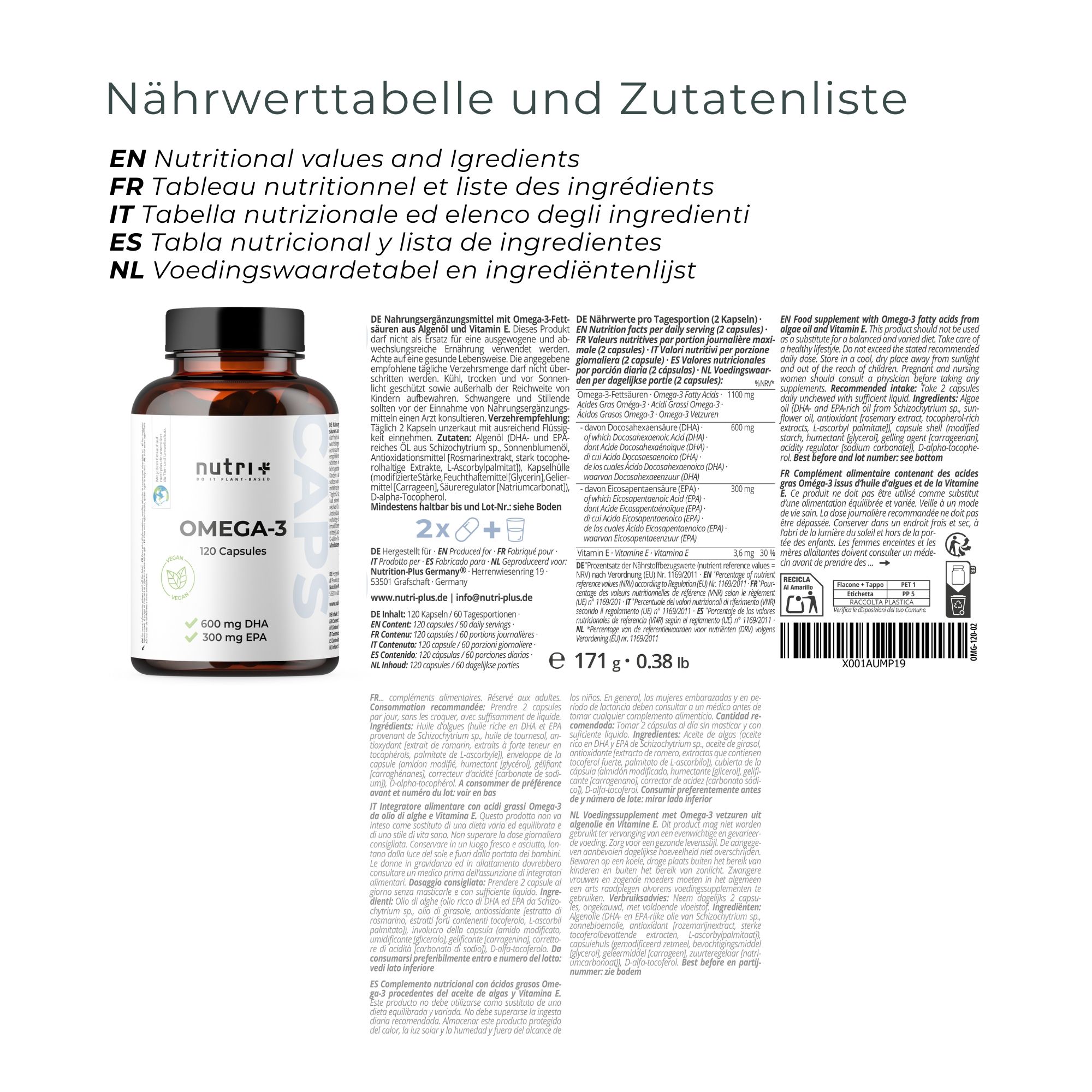 Nährwerttabelle und Zutatenliste. Eine Flasche nutri+ Omega-3 neben einem Etikett mit Text in Deutsch, Englisch, Französisch, Italienisch und Niederländisch.
