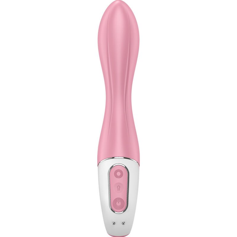 Rosa Vibrator mit zwei Knöpfen. Weißer Bereich am Ende. SF-Logo.