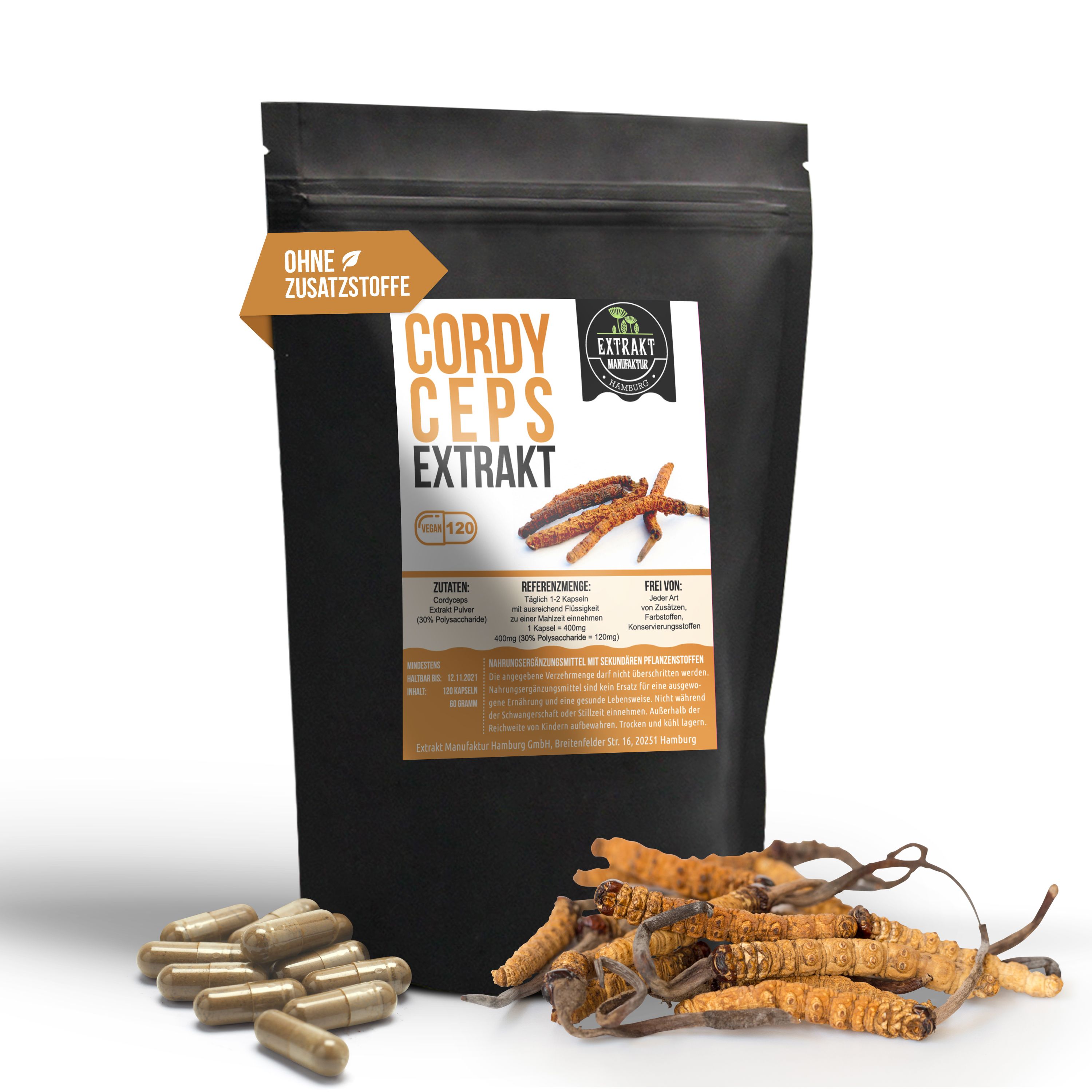 Schwarze Verpackung "Cordyceps Extrakt" mit Kapseln und Cordyceps-Pilzen. Text: "Ohne Zusatzstoffe".