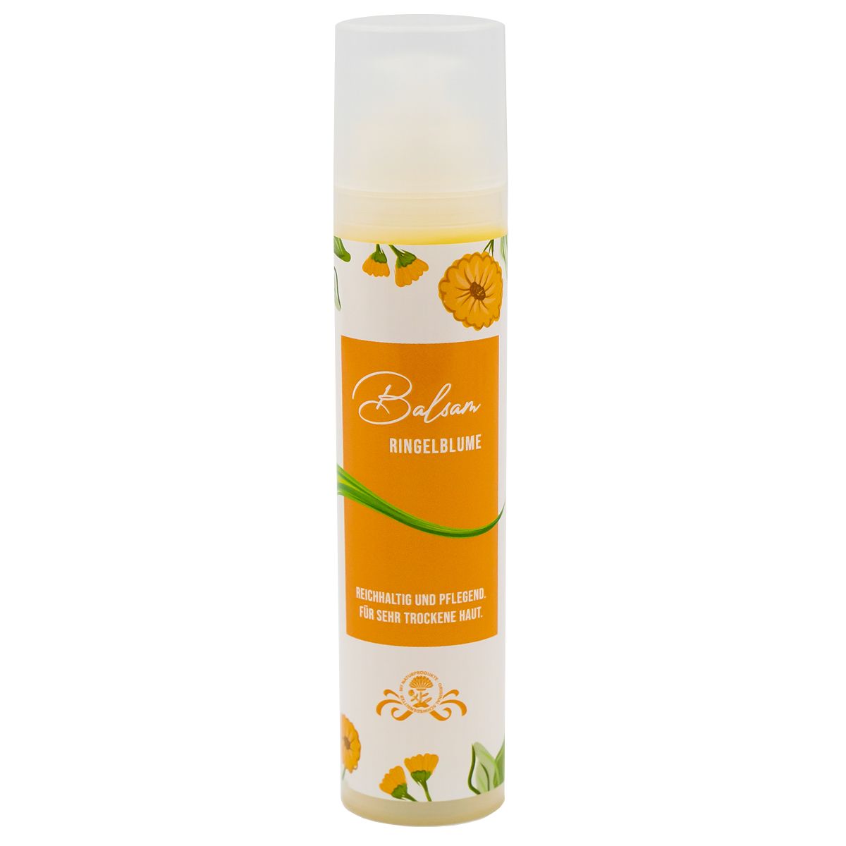Hohe Flasche Balsam Ringelblume mit orangefarbenem Etikett. Text: Reichhaltig und pflegend für sehr trockene Haut.