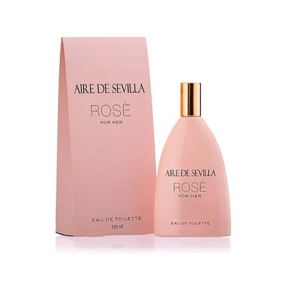 Rosa Flasche und Schachtel. Aufschrift: Aire de Sevilla Rosé For Her Eau de Toilette. Flasche mit goldfarbenem Verschluss.