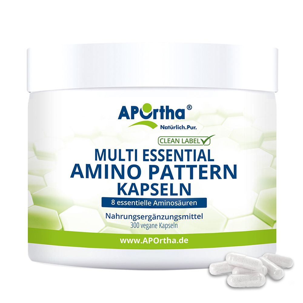 APOrtha® Multi essential Amino Pattern Kapseln: Weißer Behälter mit 300 veganen Kapseln, 8 essentielle Aminosäuren.