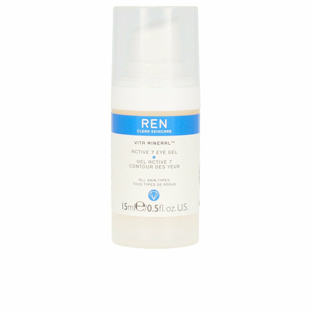 Klarer, weißer Spender mit blauem Etikett. Text: REN, Vita Mineral Active 7 Eye Gel, 15ml.