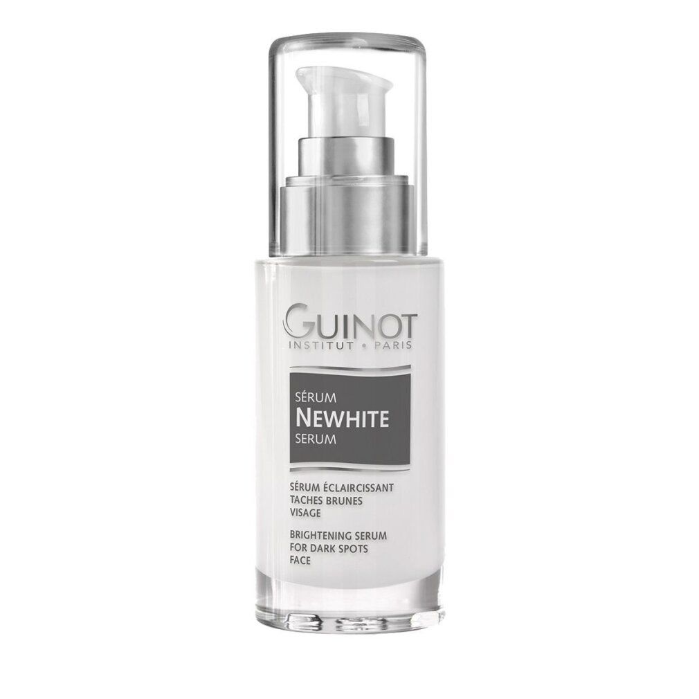 Weißes Serum mit Pumpe und transparentem Deckel. Aufschrift: Guinot, Newhite Serum, Serum éclaircissant taches brunes visage, Brightening Serum for dark spots face.
