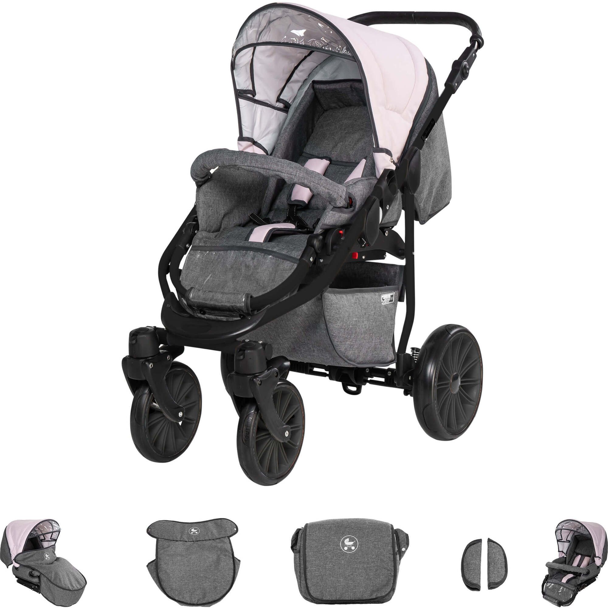 Friedrich Hugo Berlin 3 in 1 Kinderwagen mit Original Maxi Cosi, Luft Grey and Light Rose Night