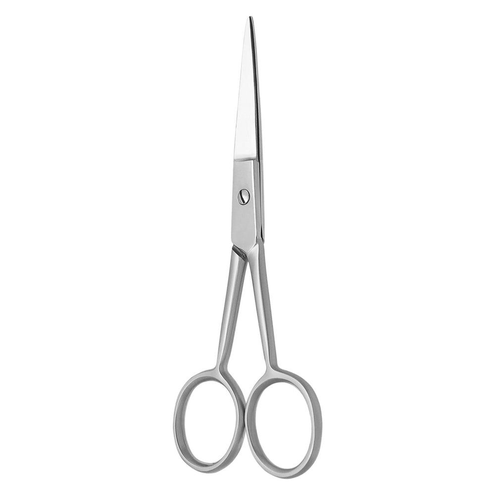 Silberne Bartschere. Metall, mit zwei Griffringen. Scharfe, spitze Klingen. Gelenk mit Schraube verbunden.