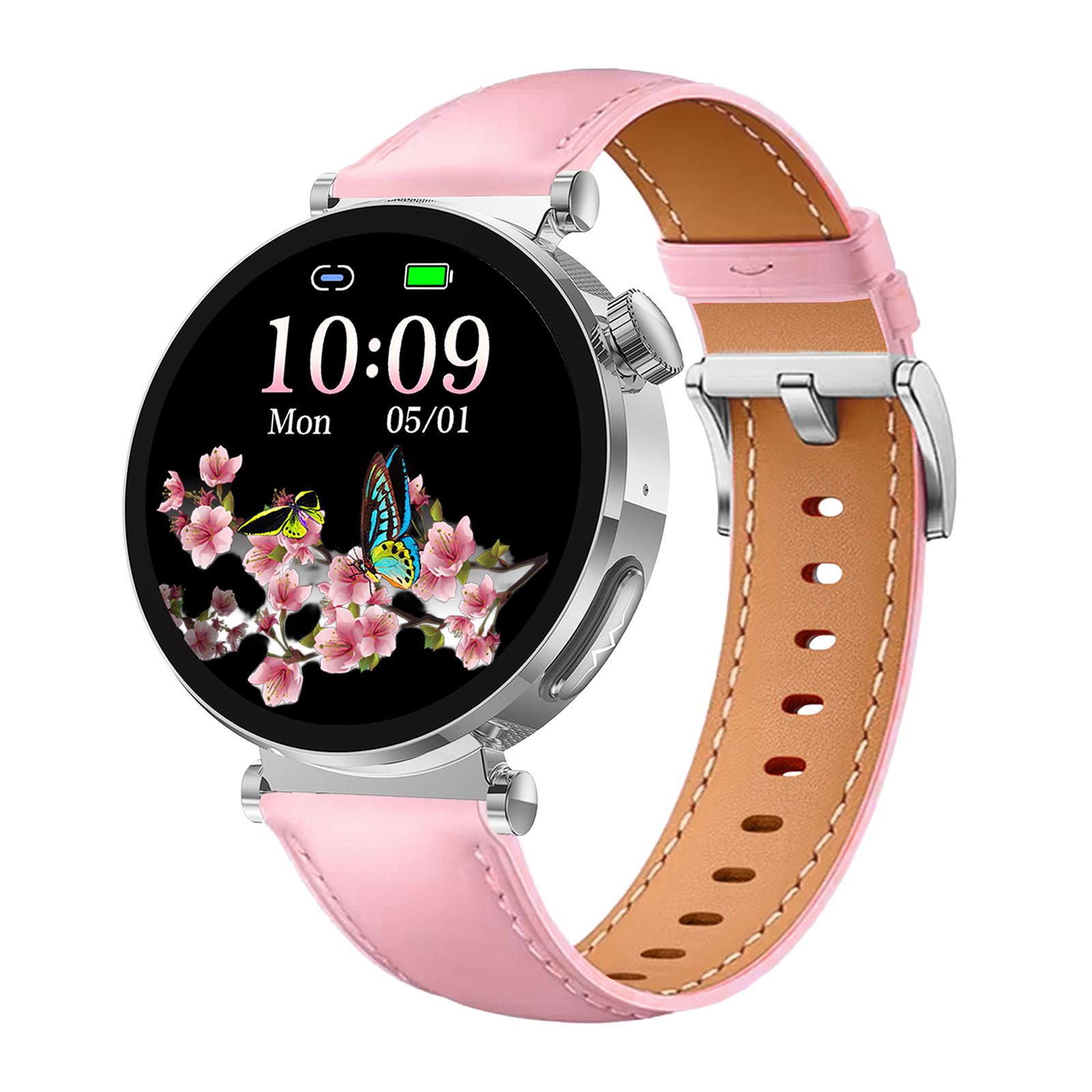 Runde Smartwatch mit rosa Lederarmband. Anzeige mit Uhrzeit und floralem Hintergrund. Silberfarbenes Gehäuse.