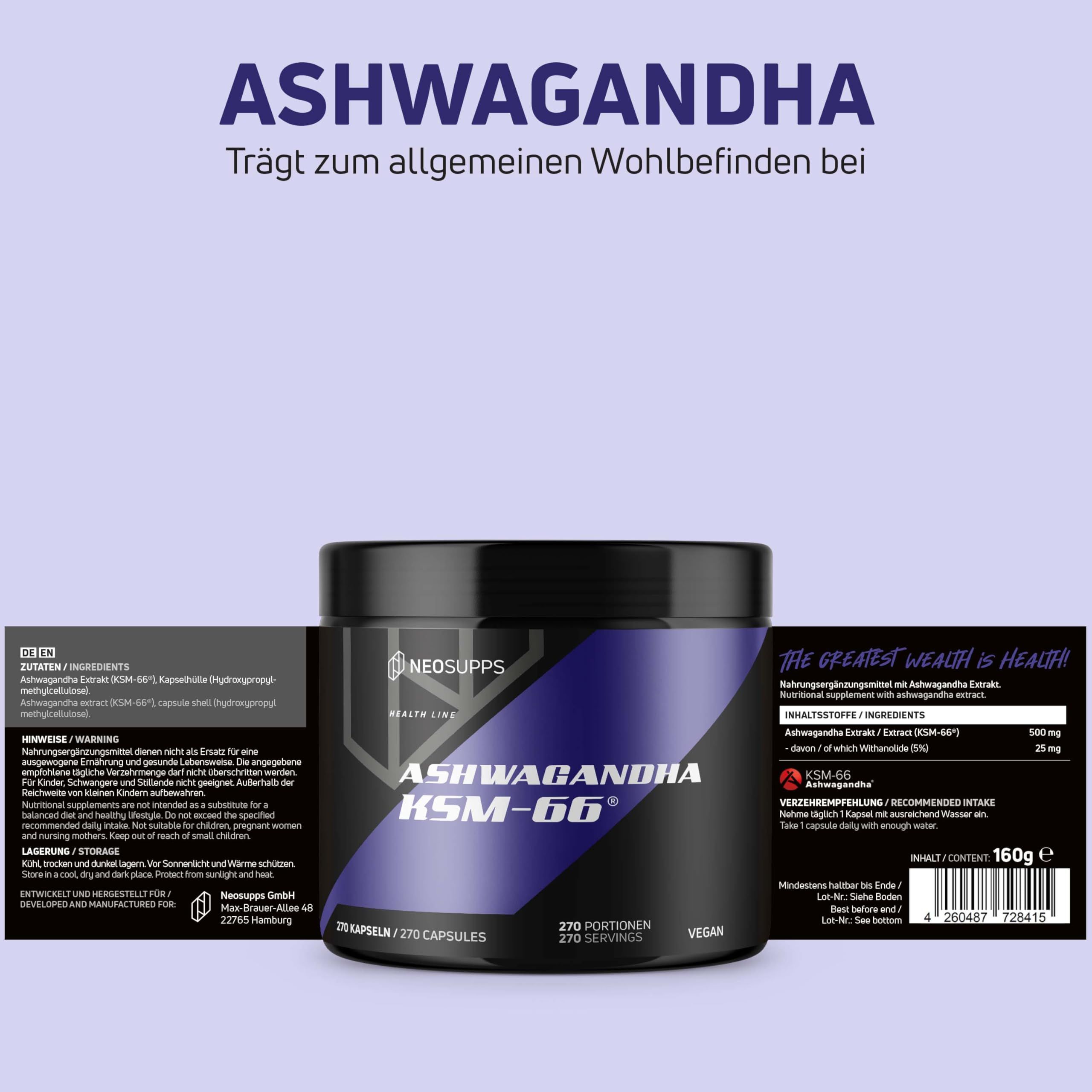 Schwarze Dose mit Aufschrift ASHWAGANDHA KSM-66. Auf dem Etikett stehen Informationen. Auf der Dose steht NEOSUPPS.