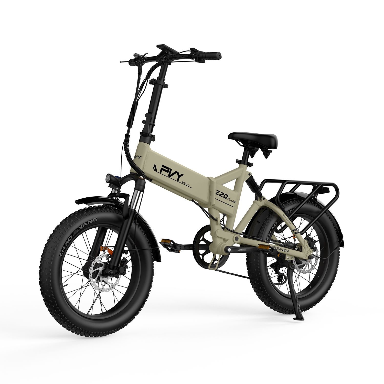 Beige E-Bike mit schwarzen Reifen und Gepäckträger. PVY Z20 Plus ist auf dem Rahmen zu sehen.