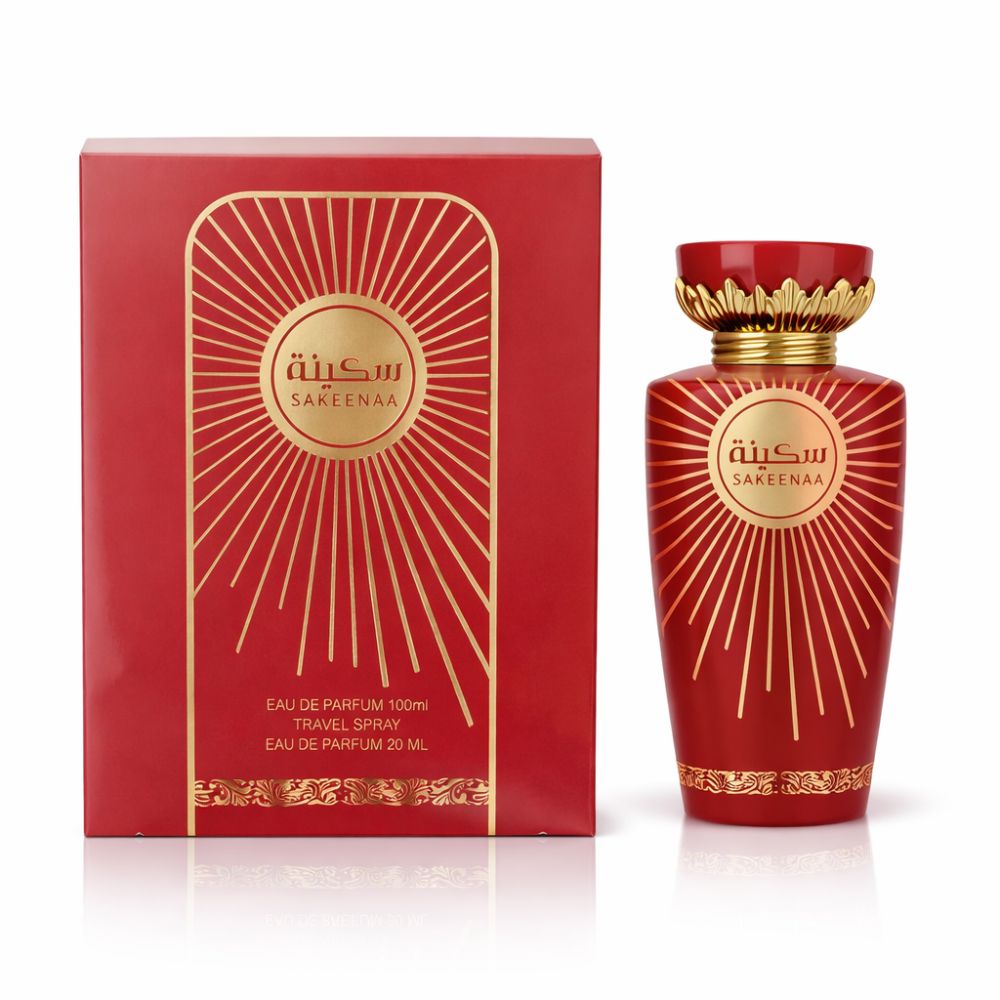 Rote Flasche und Box. Goldene Verzierungen und Schriftzug Sakeenaa. Eau de Parfum. 100ml und 20ml.