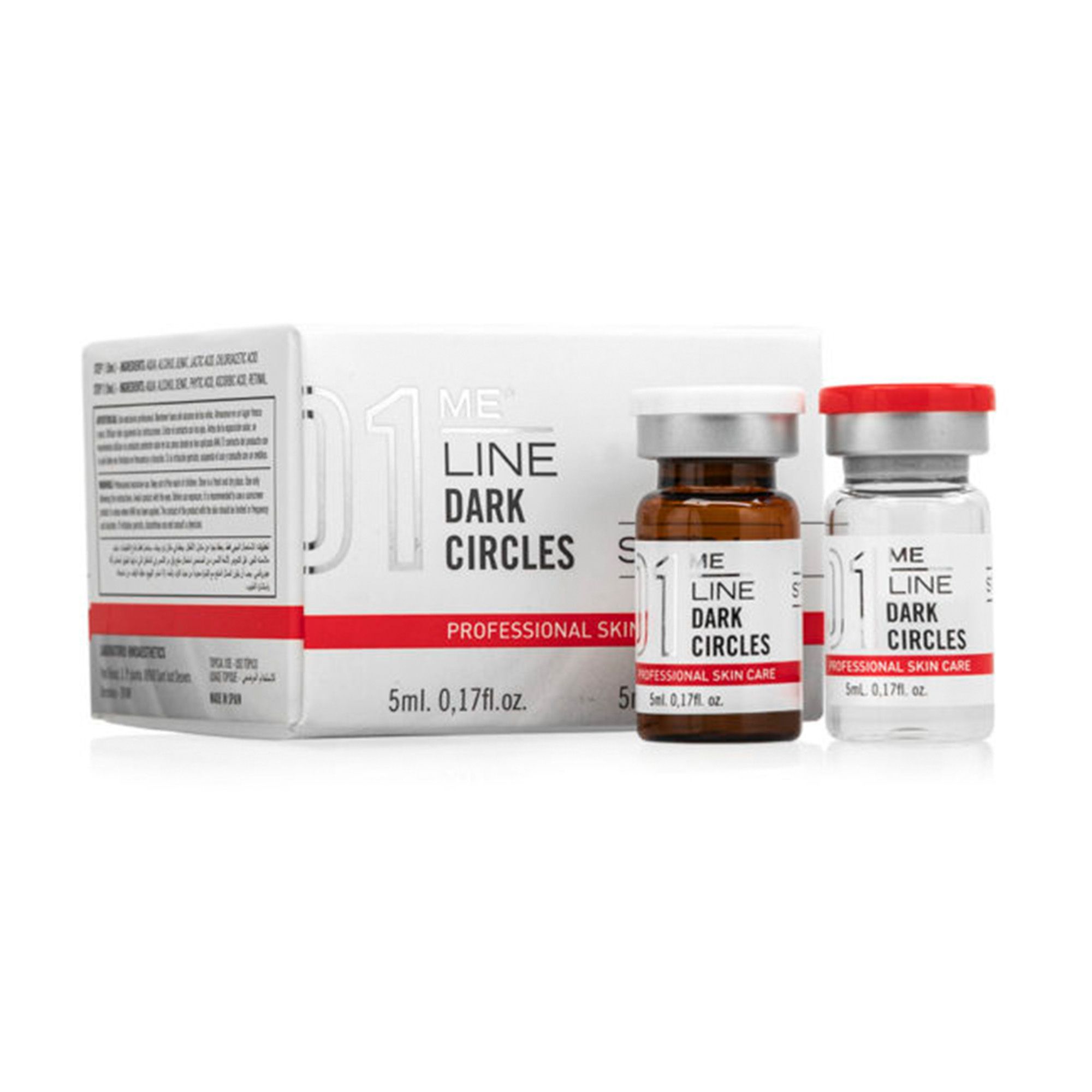 Verpackung mit zwei Fläschchen. Aufschrift: "ME LINE DARK CIRCLES PROFESSIONAL SKIN CARE". Fläschchen mit silbernen Verschlüssen, eines braun, eines klar.